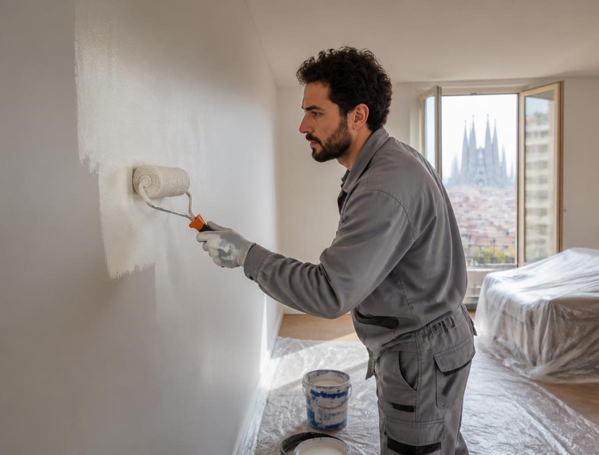 Pintor profesional pintando de blanco la pared de una vivienda en Barcelona