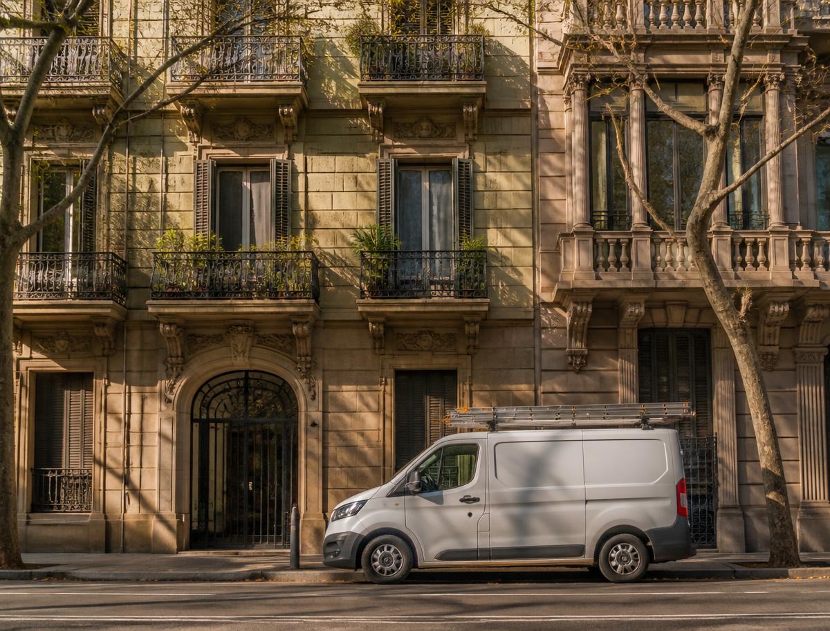 Finca modernista del Eixample de Barcelona con furgoneta de pintores