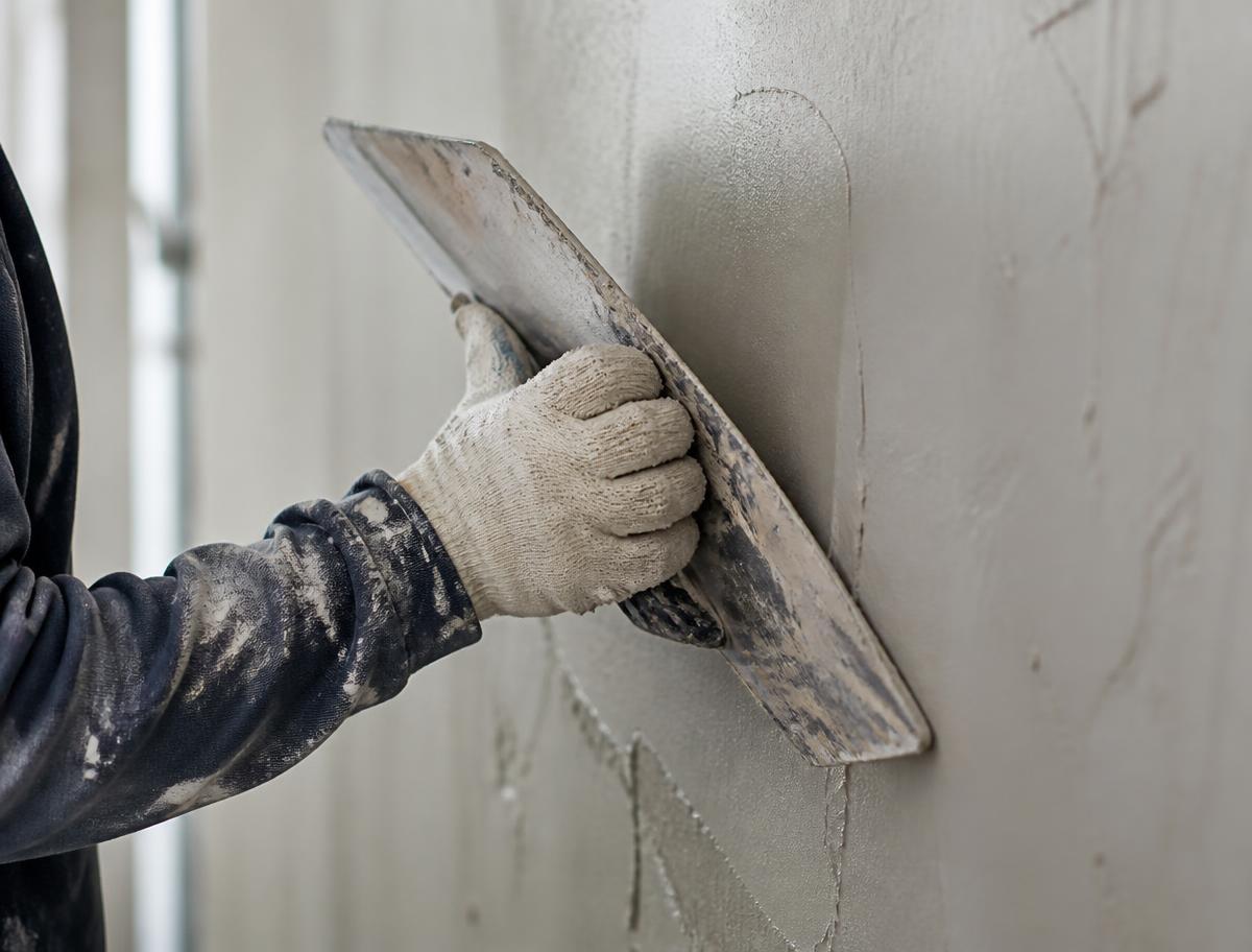Pintor aplicando masilla con espátula para alisar una pared antes de pintar