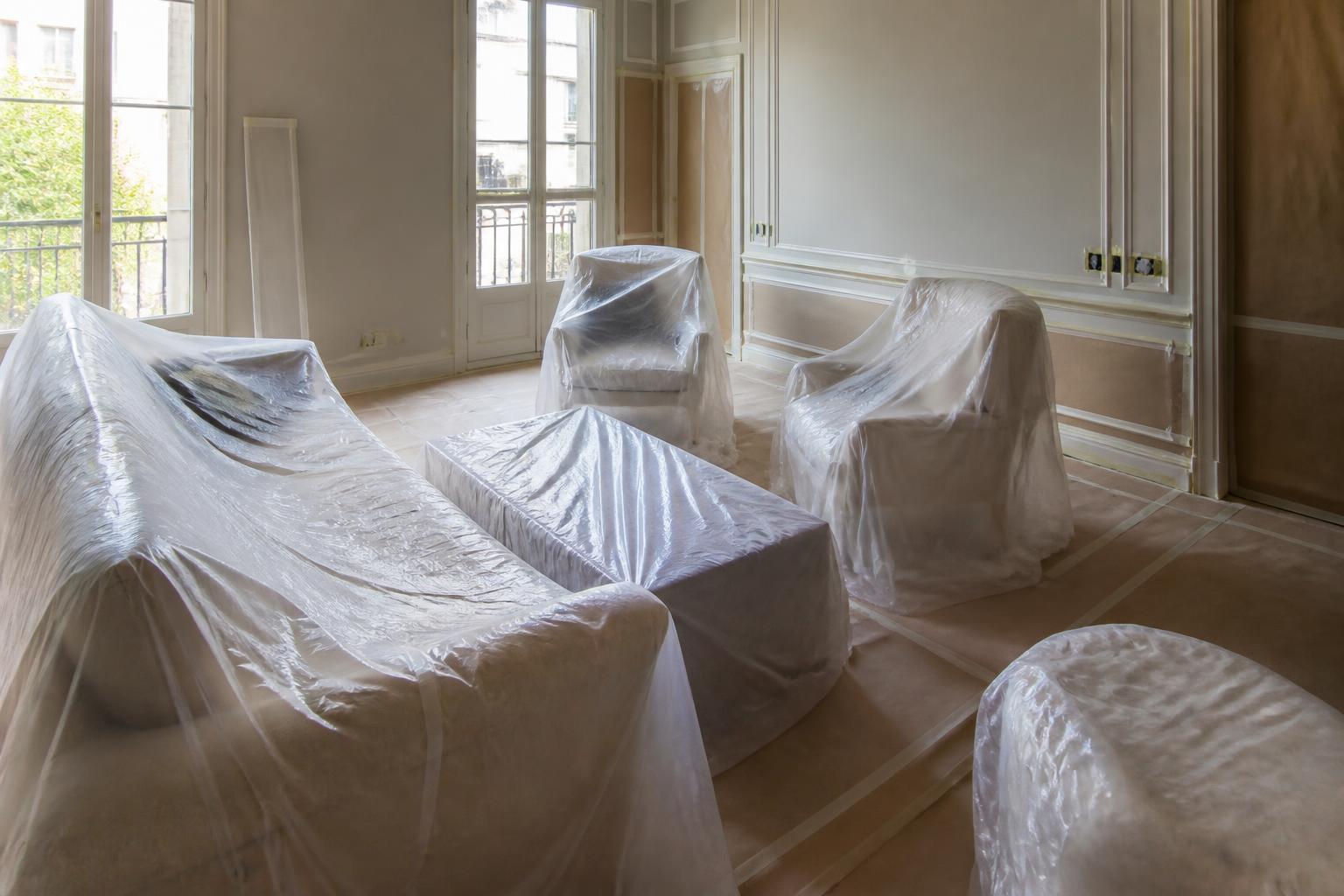 Pintor protegiendo muebles con plásticos profesionales antes de pintar un piso en Barcelona