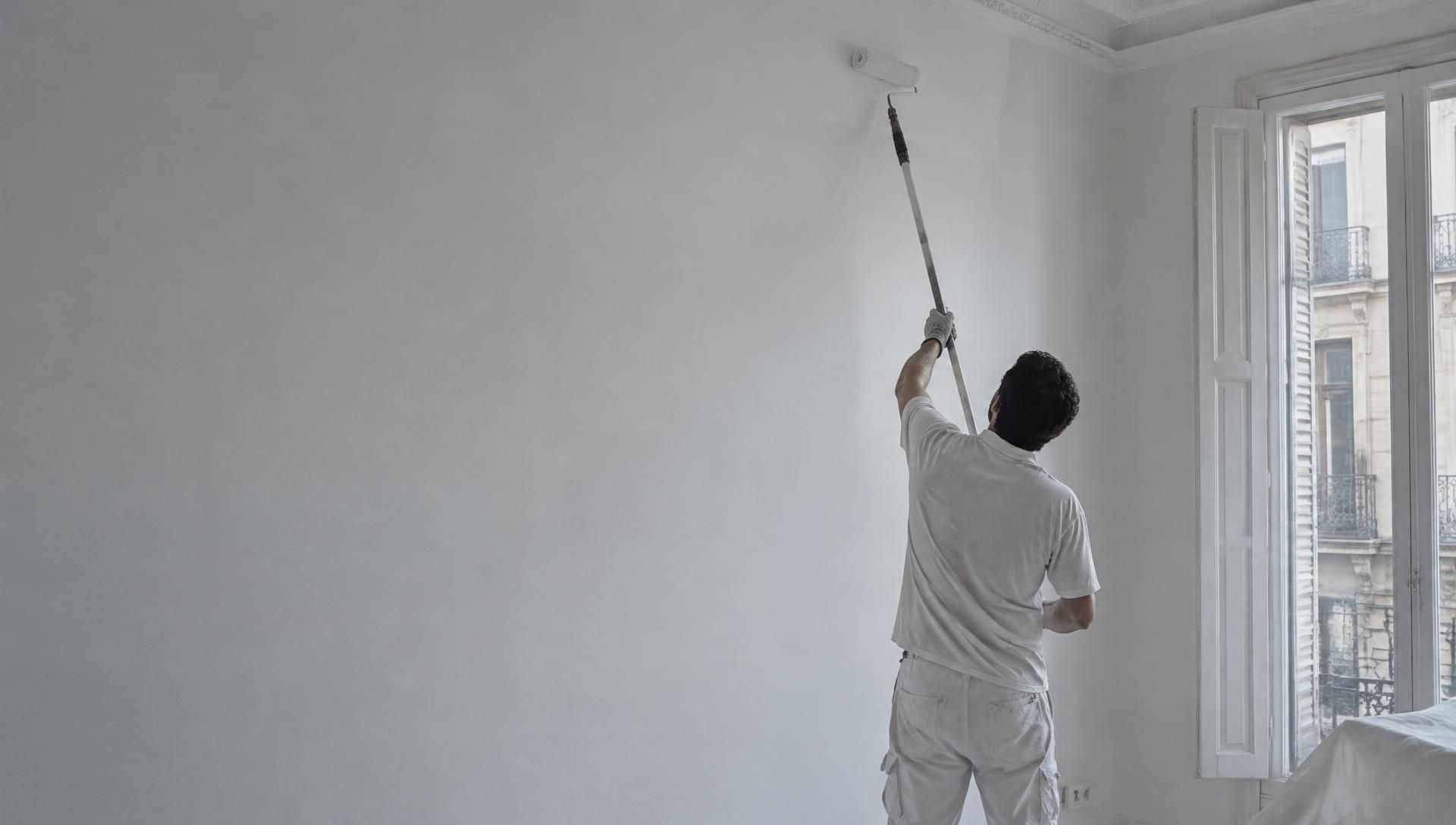 Pintor de Barna Pintores pintando con rodillo un piso del Eixample de Barcelona